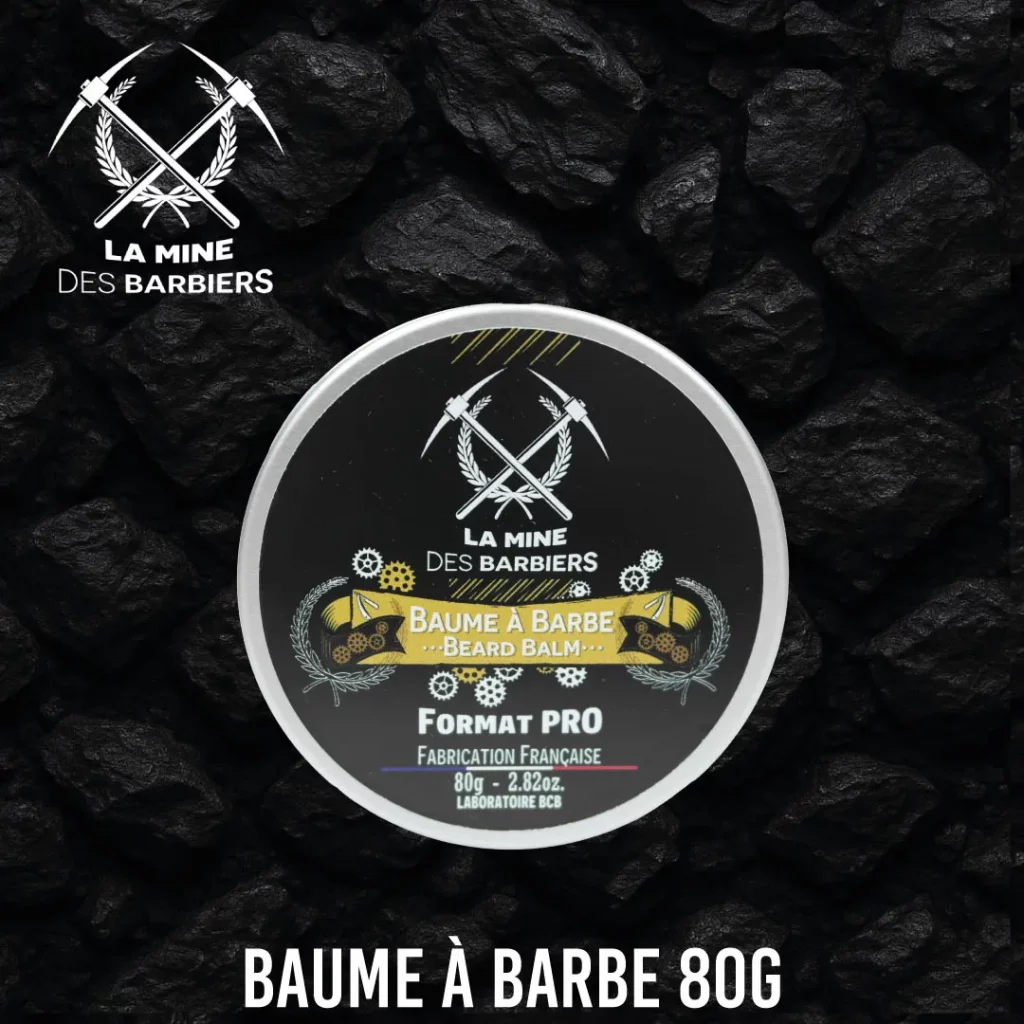 Boîte ronde de baume à barbe 80g La Mine des Barbiers sur fond charbon, soin naturel barbe, fabrication française