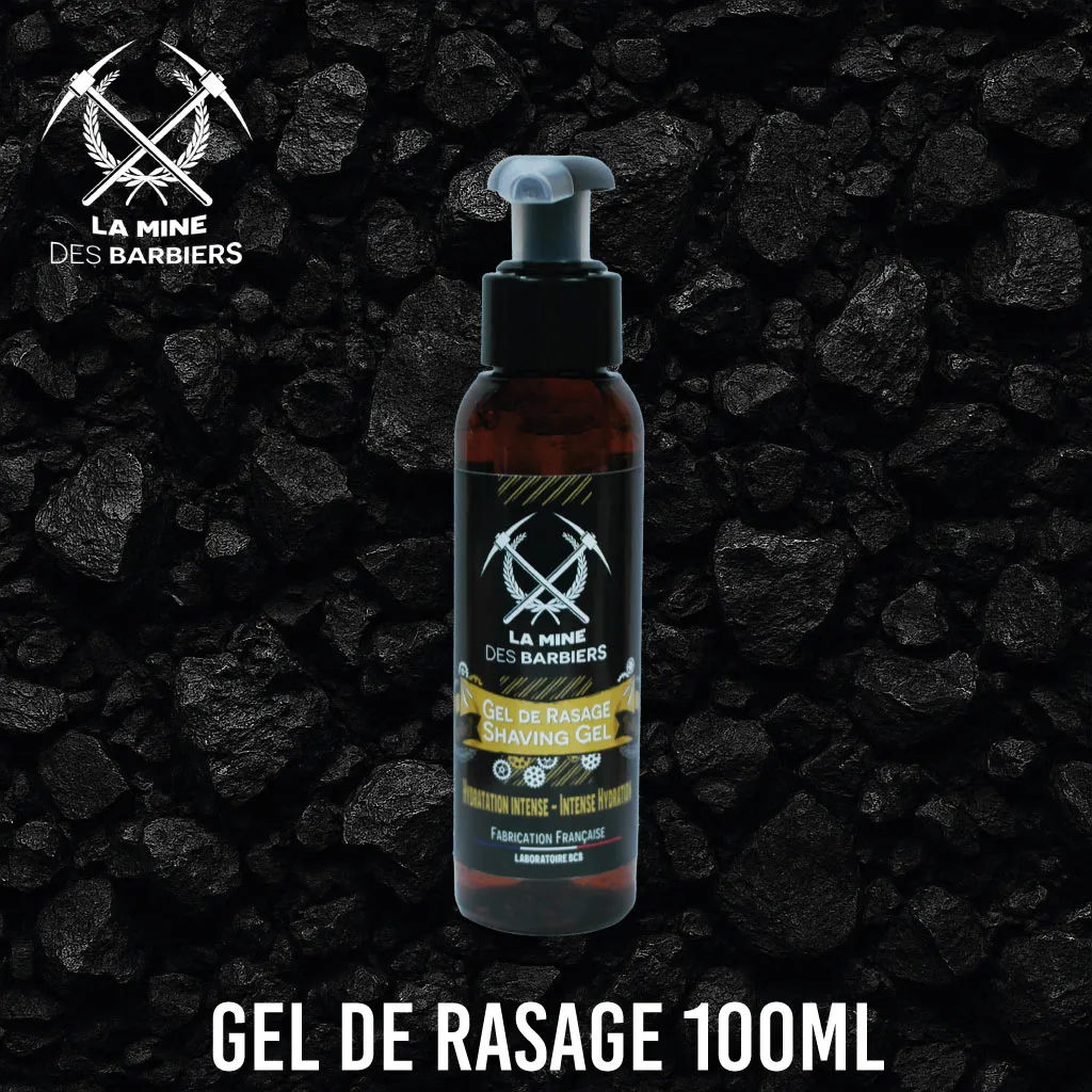Gel de rasage transparent 100ml La Mine des Barbiers sur fond charbon, flacon pompe, formulation naturelle, hydratation intense