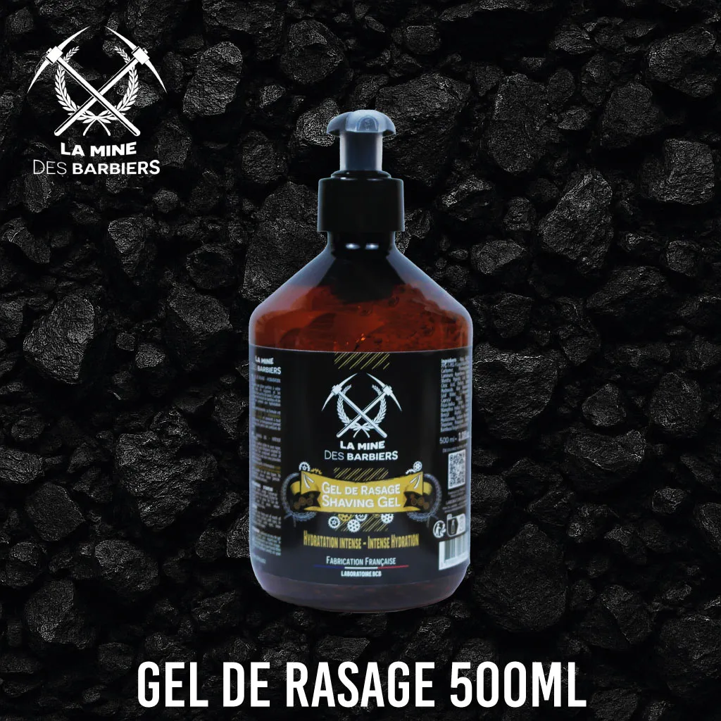 Gel de rasage transparent professionnel 500ml La Mine des Barbiers avec flacon pompe, formule naturelle et hydratante