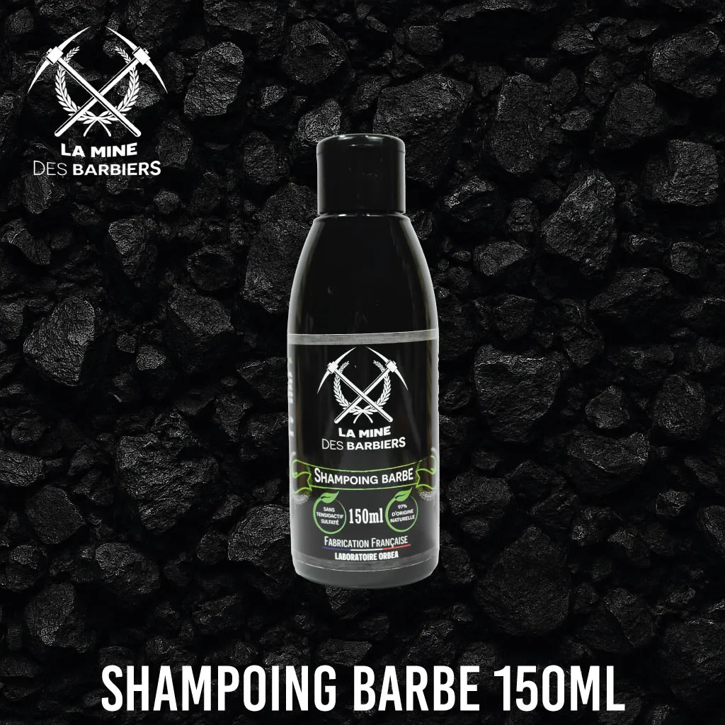 Flacon de shampoing barbe La Mine des Barbiers 150ml sur fond charbon – sans sulfate, 97 % naturel