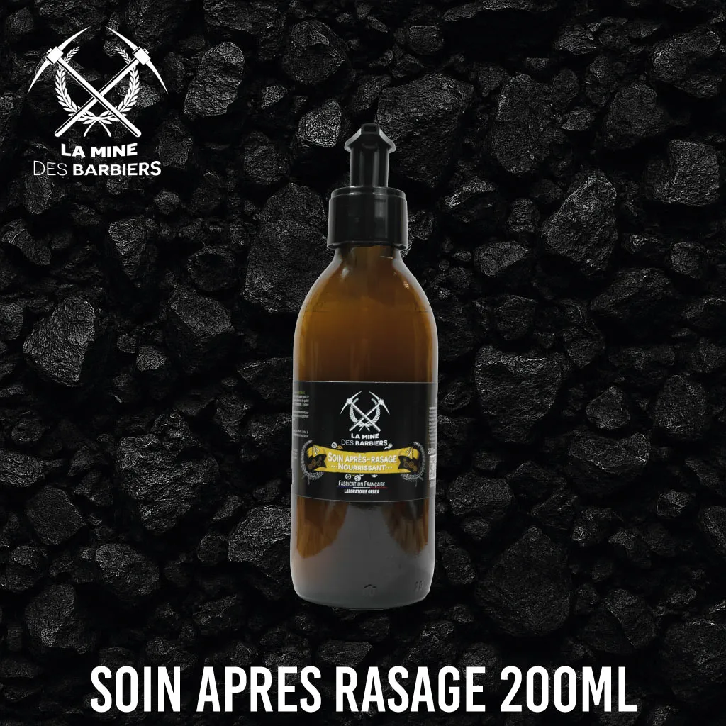 Visuel produit du soin après-rasage nourrissant 200ml La Mine des Barbiers sur fond noir charbon